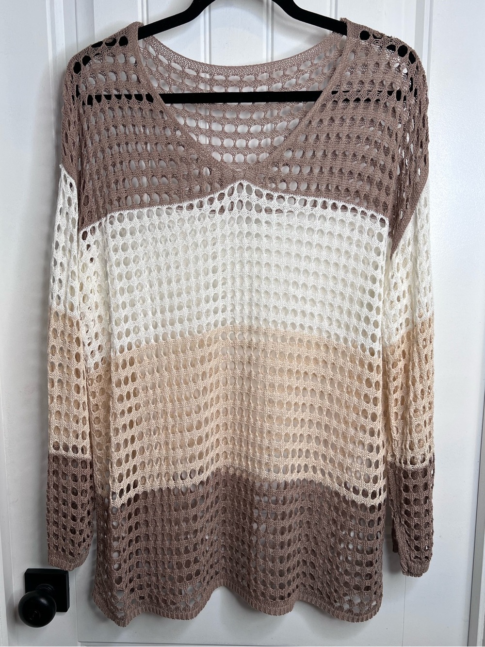 Striped Open-Knit V-Neck Sweater Tunic in Taupe, Cream & Beige. XL.‎